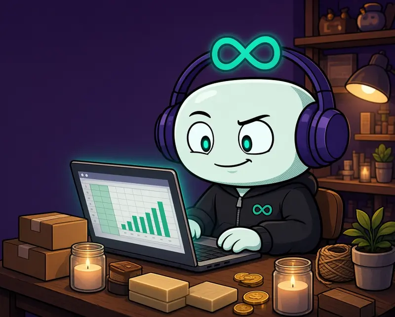 Loop at a handmade seller's desk with a laptop showing a profit sheet