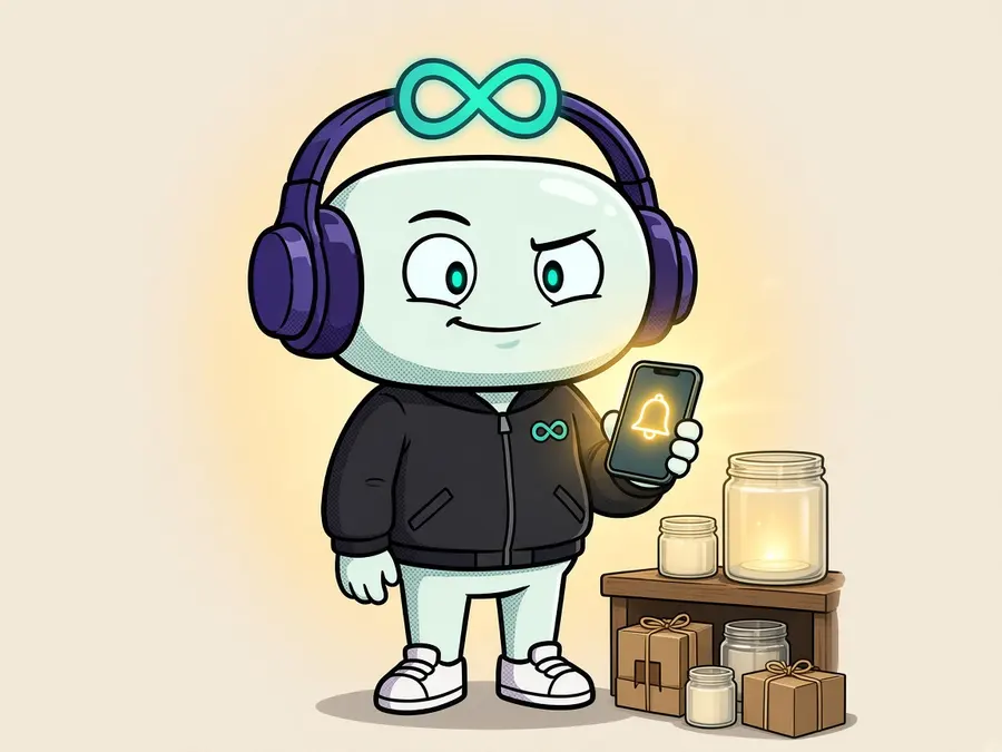 Loop holding a phone with an alert next to candle jars and gift boxes