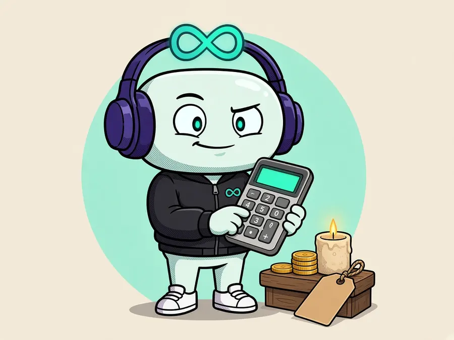 Loop holding a calculator next to coins and a handmade candle